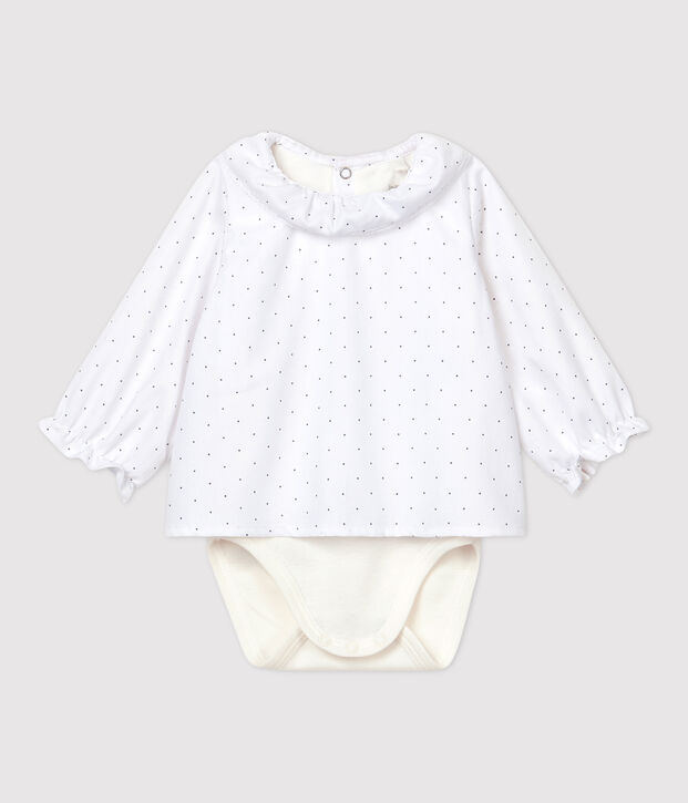 Lang&auml;rmeliger Baby-Body aus Bio-Baumwolltwill mit Kragen f&uuml;r M&auml;dchen weiss/grau
